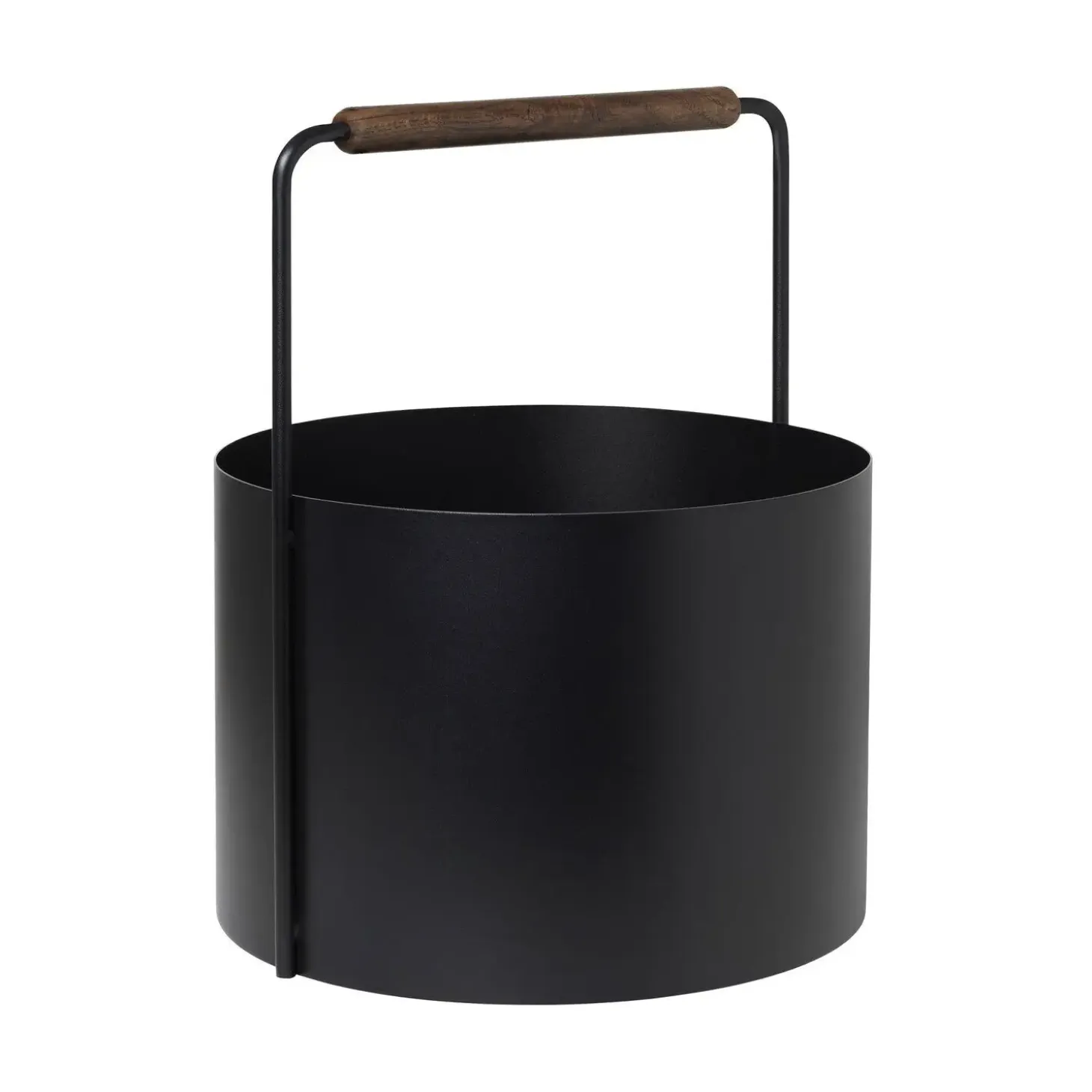 Blomus - ASHI brændekurv - Sort med brun egehåndtag - H: 45 x Ø: 35 cm