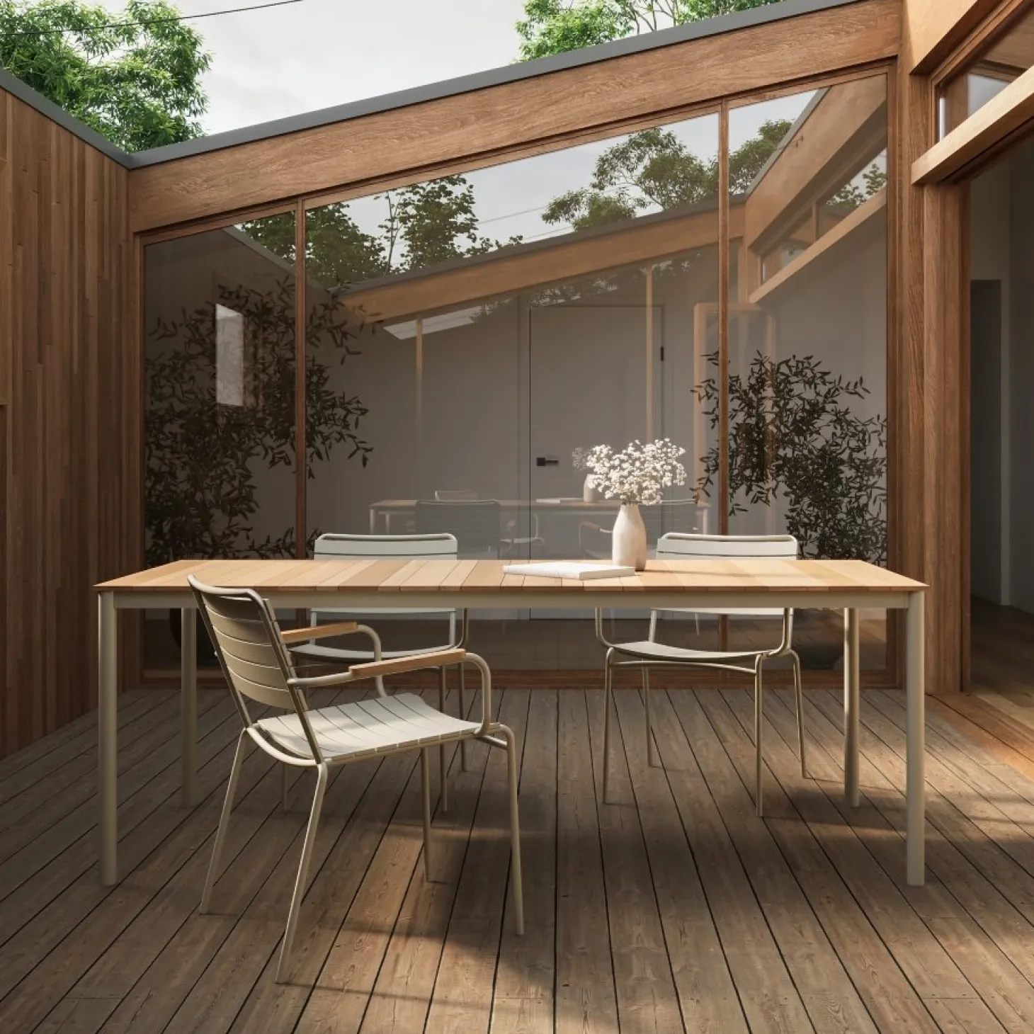 Cinas - Havestol - Matic stol, Sandy Grey aluminiums stel, med teak armlæn