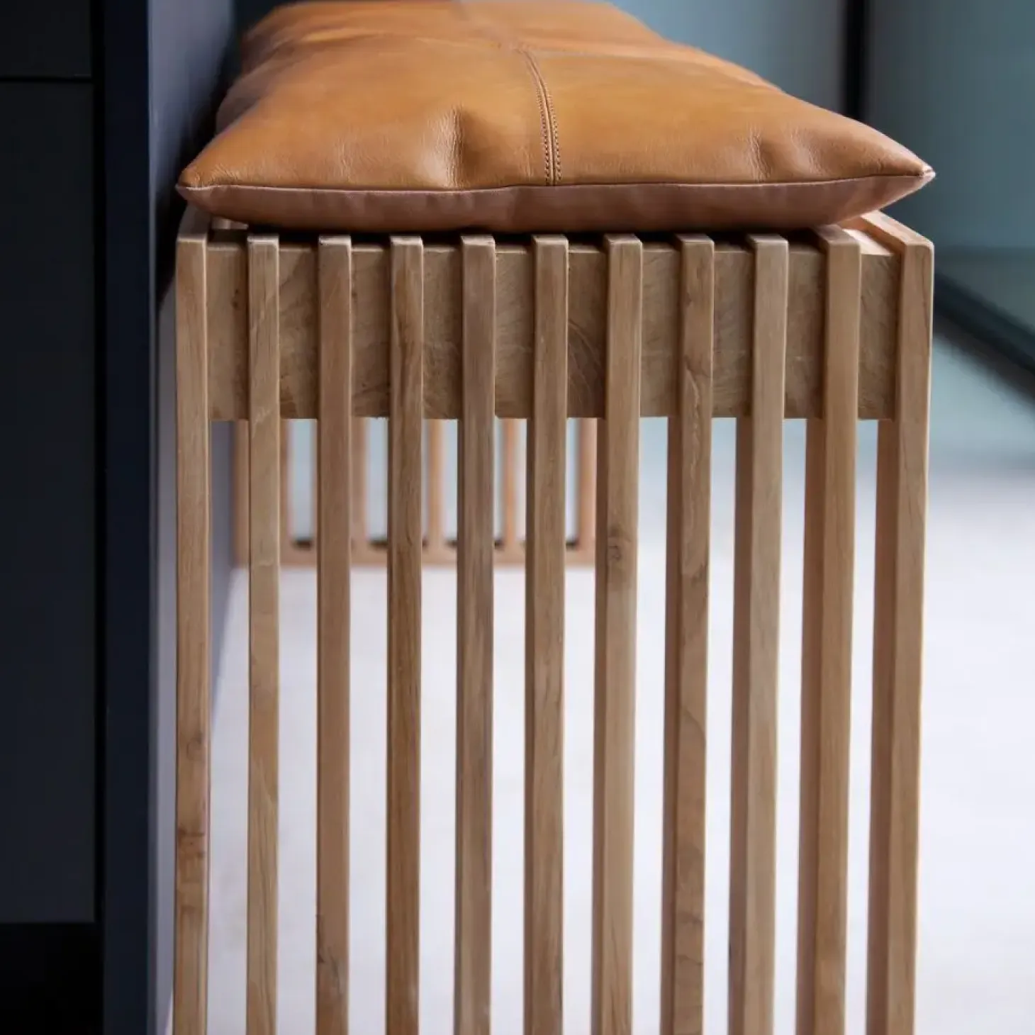 Cinas - Siddepude til 3-personers Rib bænk lysebrun læder, 104 x 35 cm