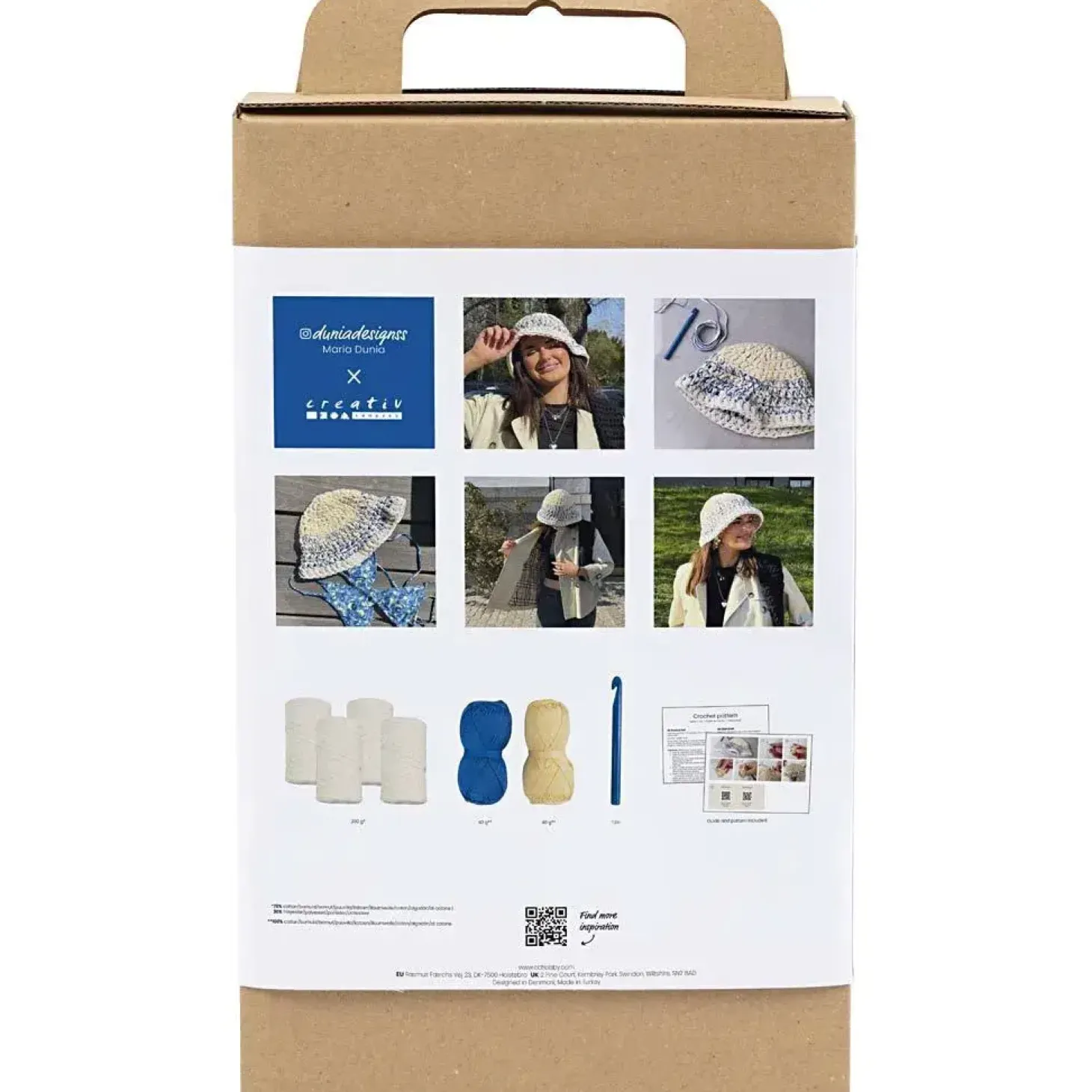 Creativ Company - DIY Kit Hækle, blå, lys natur, gul, Chunky bøllehat, 1 pk.