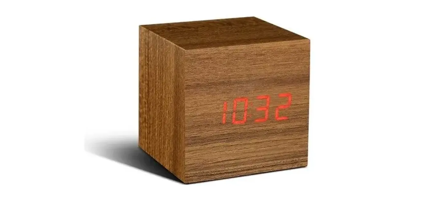 Gingko - Wooden Cube Click Clock Teak/ Red LED
