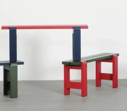 HAY Weekday bænk Duo - 111 cm Steel Blue Benchtop / Olive - Lakeret Fyrretræ / Pinewood