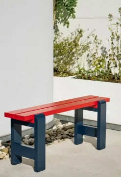 HAY Weekday bænk Duo - 111 cm - Wine Red / Steel Blue ben - Lakeret Fyrretræ
