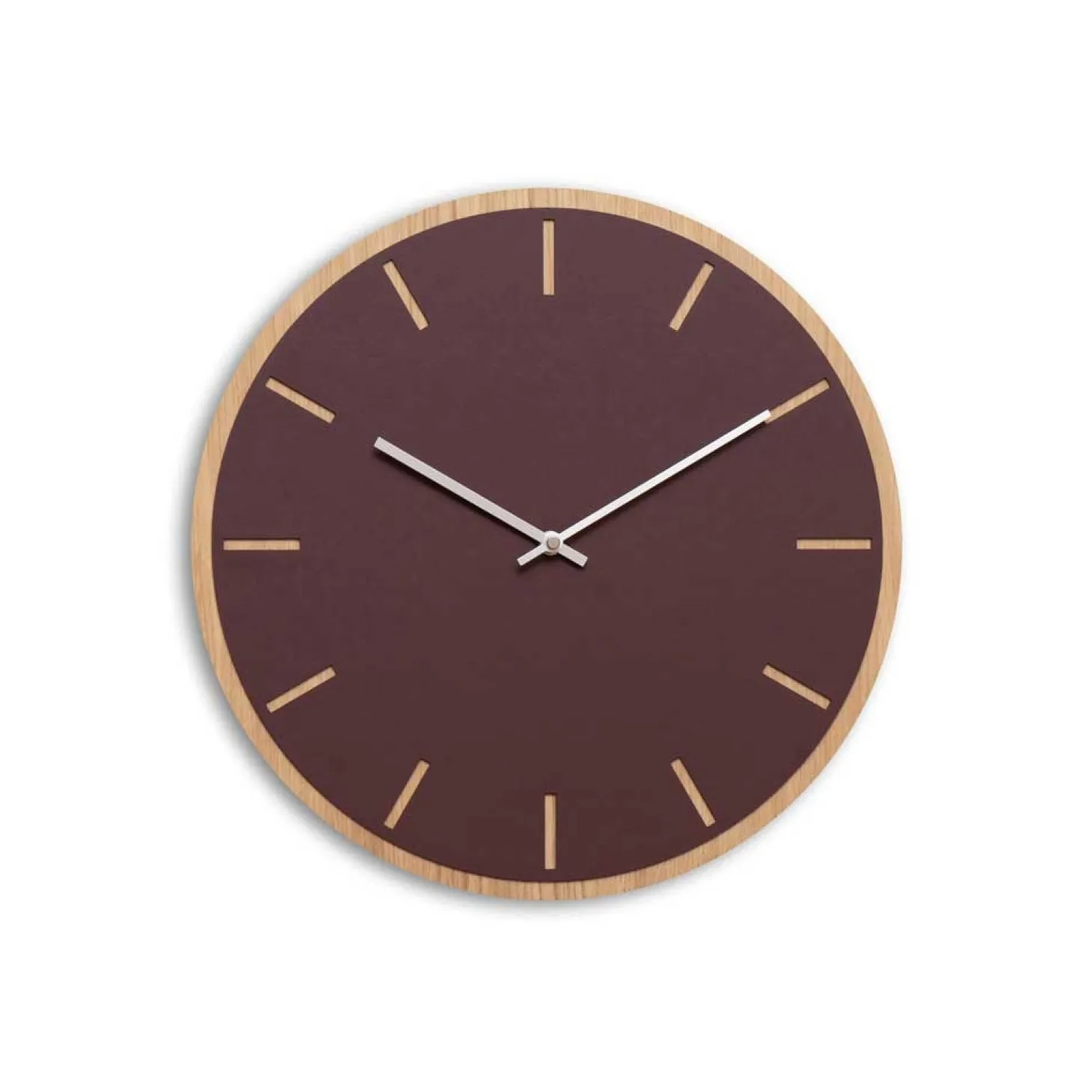 Hemverk - Vægur - Lys Eg/Burgundy - Sølv visere - Ø38 cm