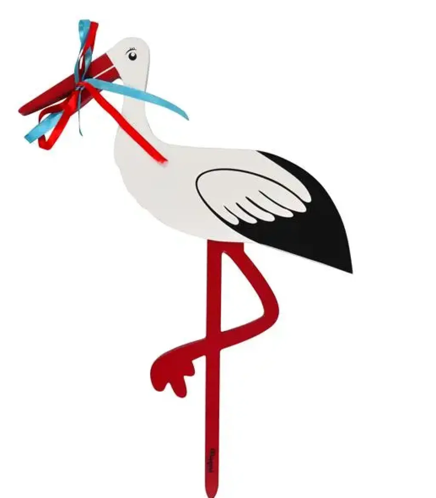 Magni - Fødselsstork i træ med rødt og blåt bånd, lille, 55 cm.